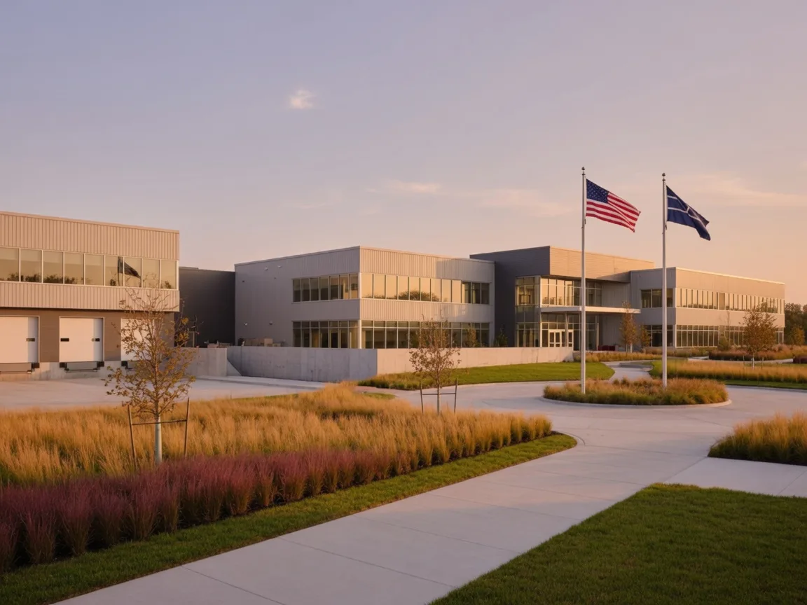 A modern corporate office and light-manufacturing campus in the Midwest at warm late-day light