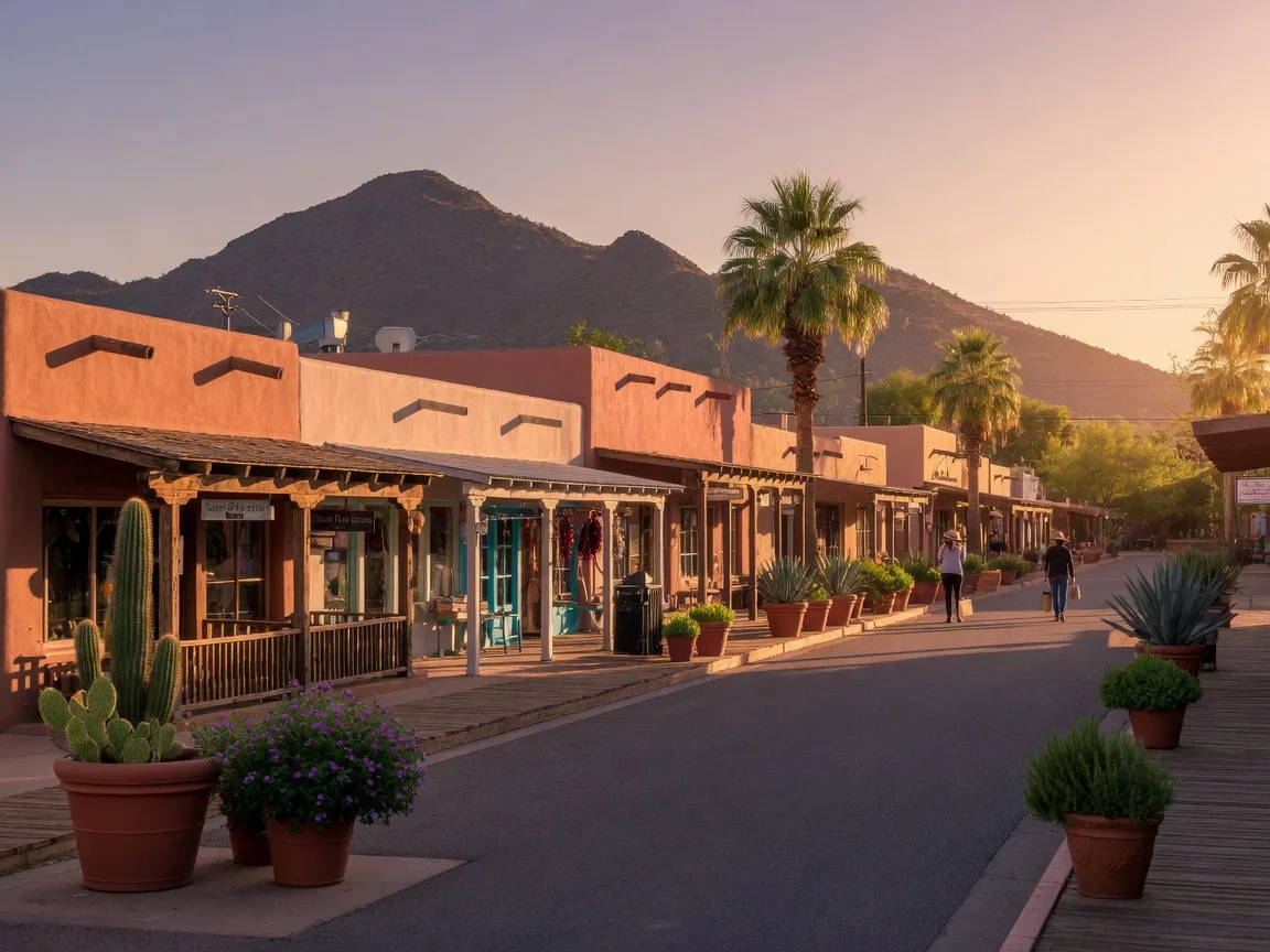 Old Town Scottsdale arts district storefronts and galleries along a palm-lined street