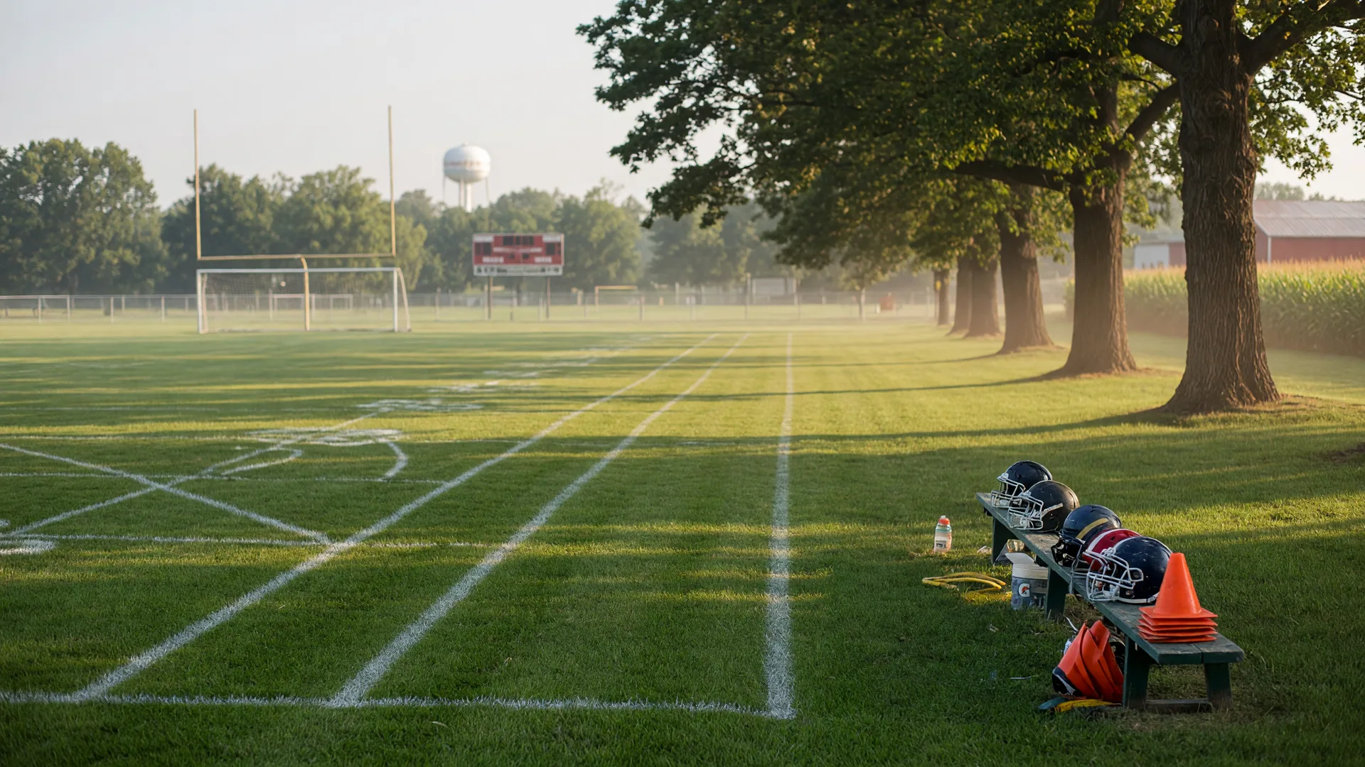 A high school athletic practice field in rural Clinton County, Ohio on an early August morning with fresh chalk lines, goalposts in the distance, and tall oak trees casting long shadows across the freshly mowed grass
