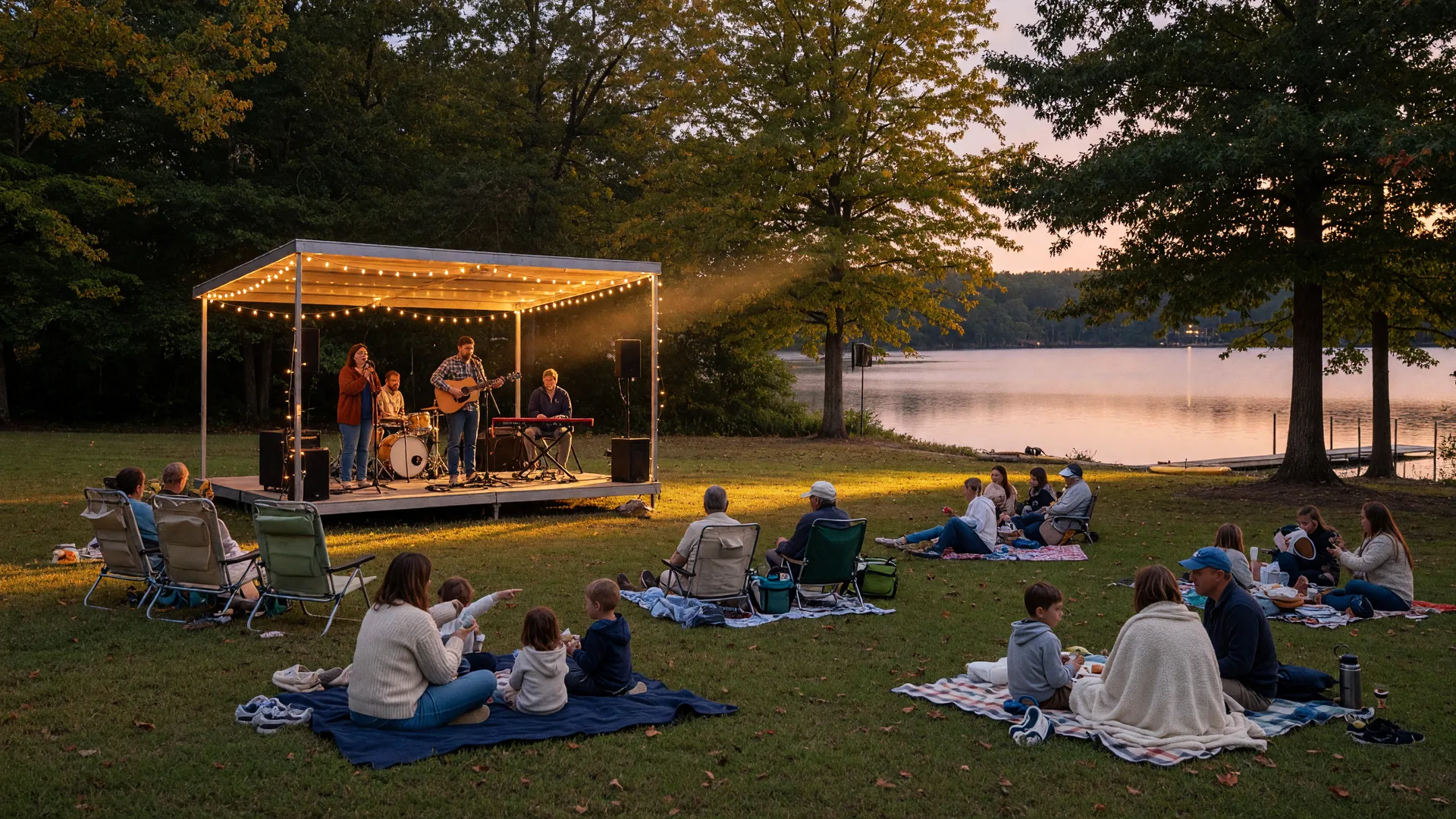 A late-September Thursday evening free outdoor concert on the lawn at LangTree Lake Norman, a local band on a string-lit stage with families on blankets under golden-hour light