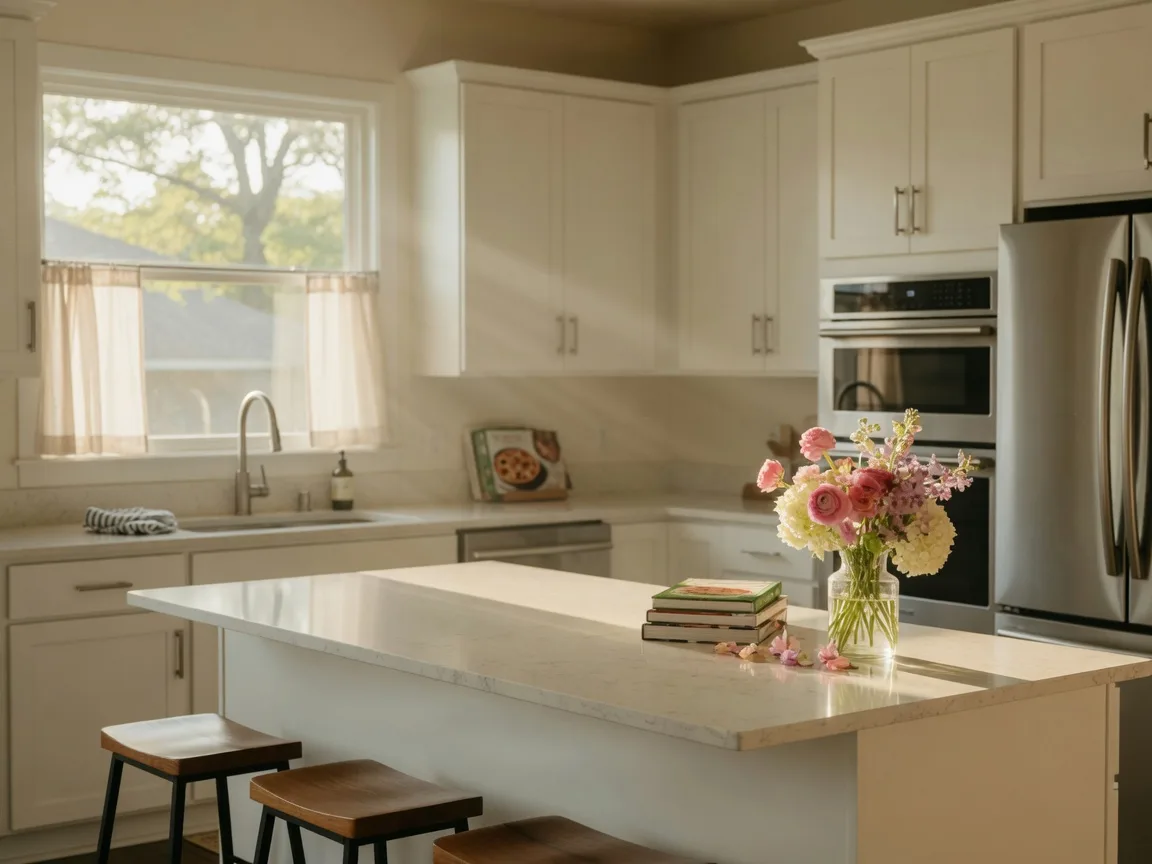 Modern kitchen with white cabinets, quartz counters, and stainless appliances in a Tulsa Metro home