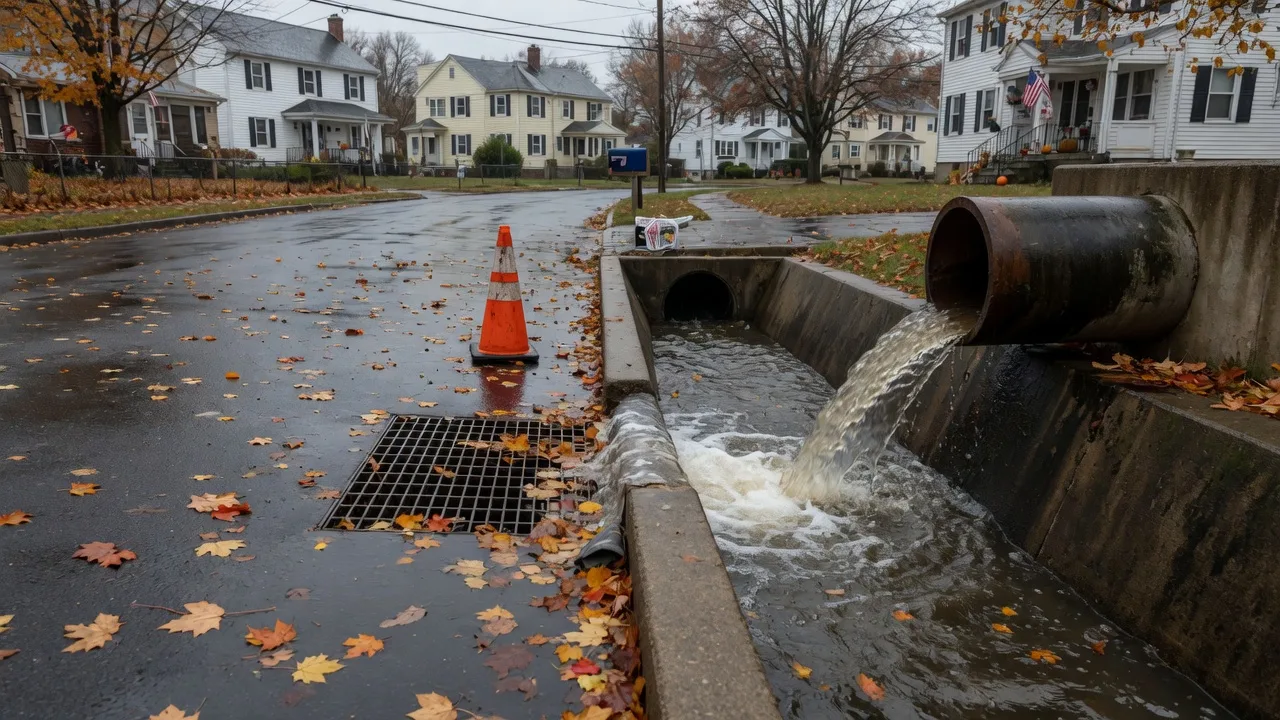 A municipal stormwater pump station and outlet channel in a suburban New Jersey neighborhood after heavy rain with residential homes behind it