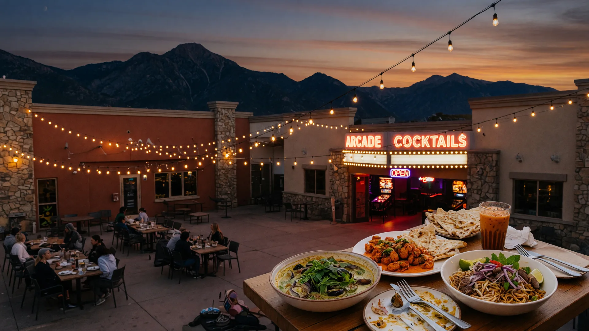 Evening dining plaza with string lights, global food tables, and mountain views near Herriman, Utah