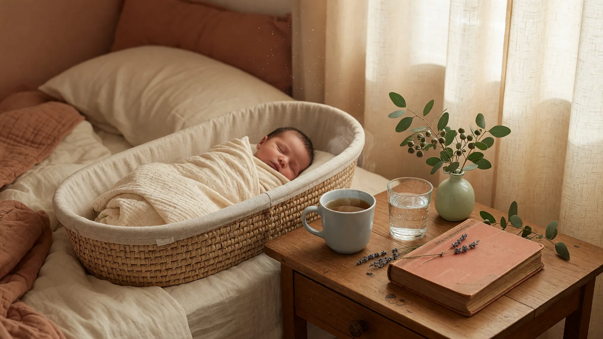 A newborn in a cream swaddle asleep in a woven bassinet beside a steaming cup of tea in soft morning light