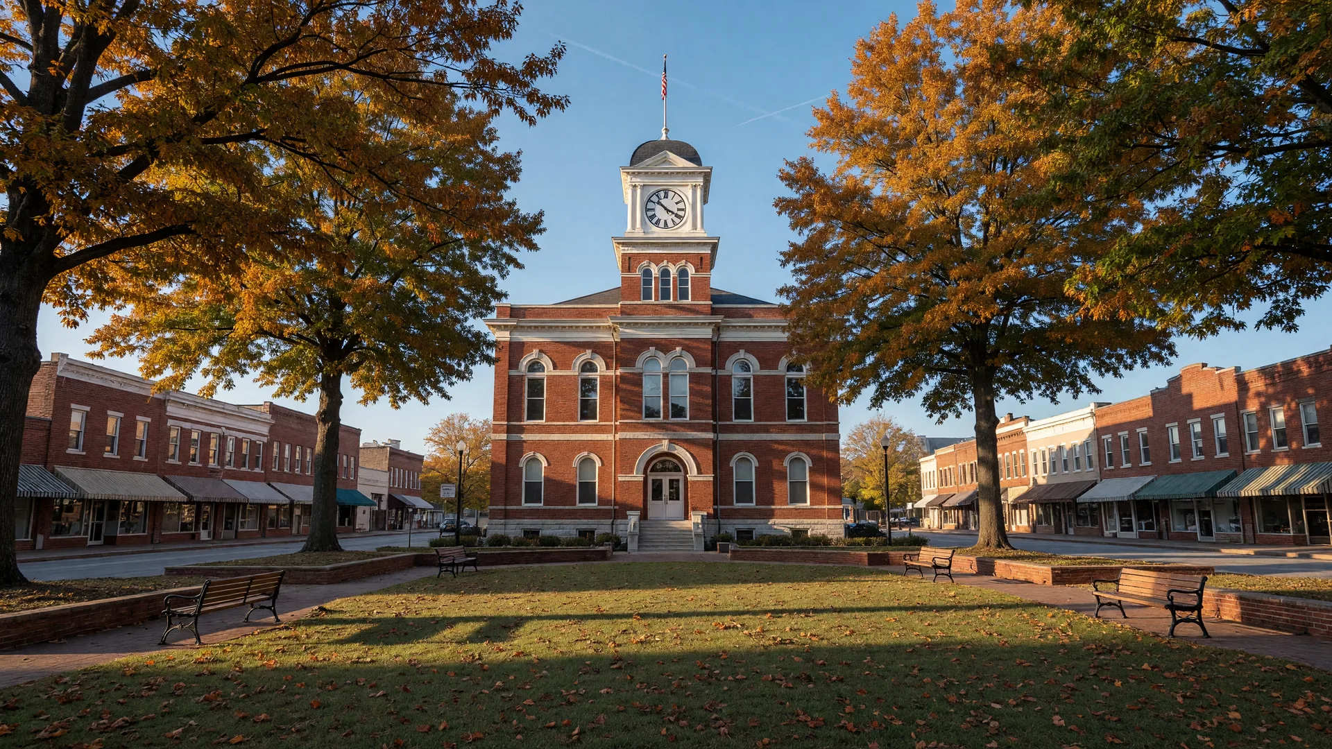 The red brick Henry County courthouse with its clock tower on the McDonough square