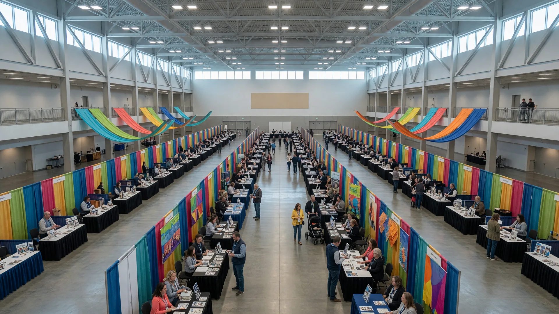 A broad convention center expo hall with long rows of vendor tables, banners, and attendees browsing
