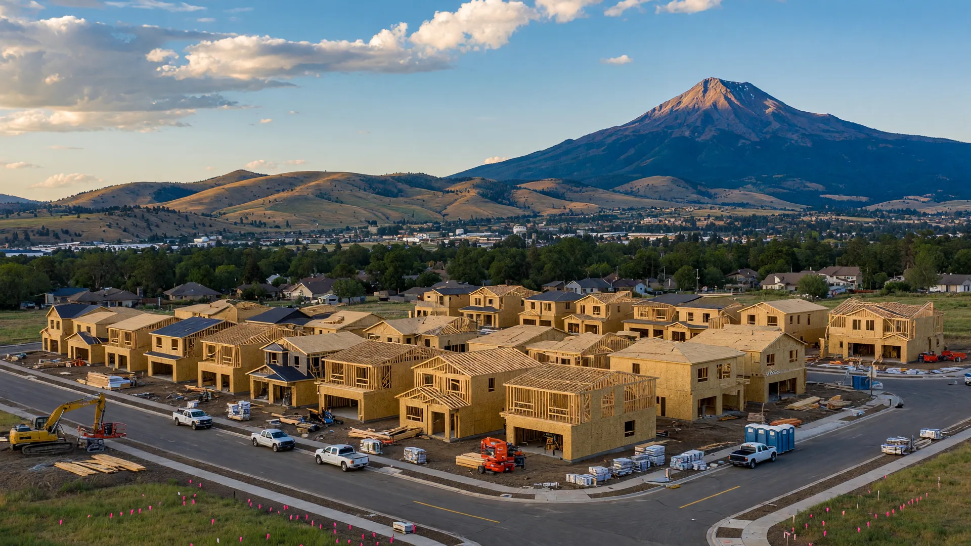Panoramic view of Medford Oregon with new residential construction in the foreground and Mount McLoughlin in the distance on a summer afternoon
