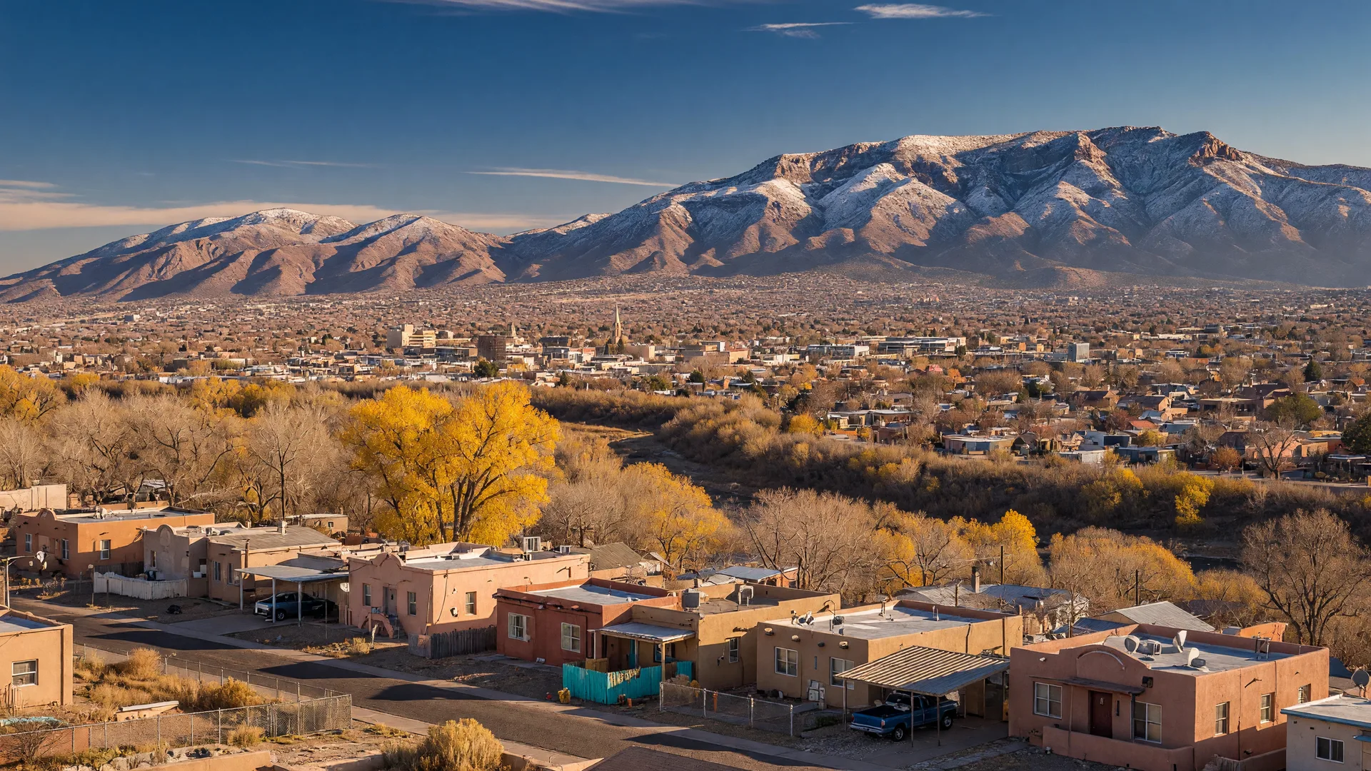 Albuquerque rooftops in late fall with snow-dusted Sandia Mountains and golden cottonwoods along the Rio Grande