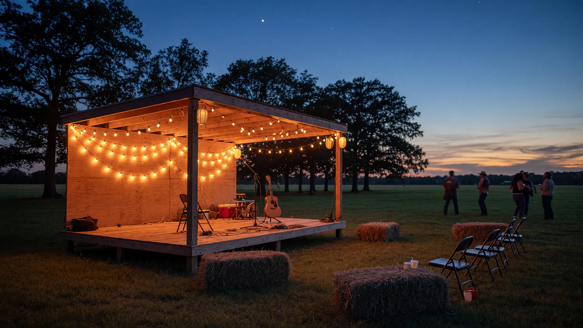 Outdoor country music festival stage with string lights in a North Texas pasture at dusk