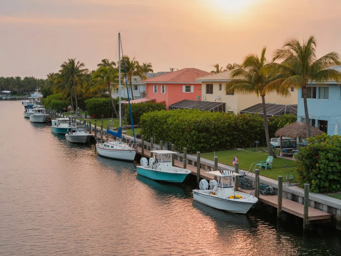 An Intracoastal canal in Lighthouse Point at late afternoon, with waterfront homes, private docks, and boats moored along the seawall in golden light