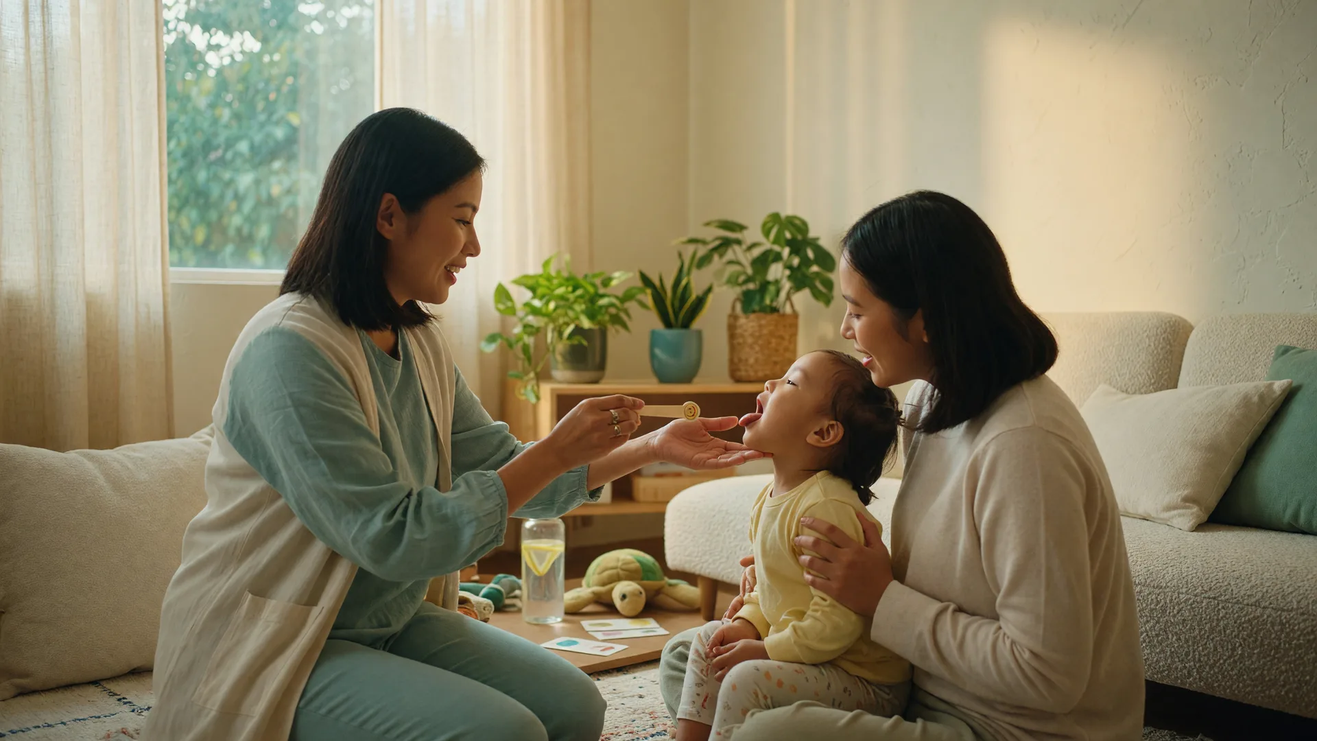 A therapist guiding a mother and toddler through a gentle tongue exercise together in a calm, sunlit therapy room