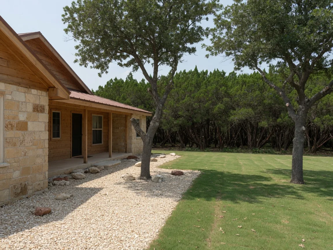 Defensible space around a Texas Hill Country limestone home: a stone and gravel buffer against the foundation, mowed lawn, pruned live oak limbs, and juniper woodland left beyond the cleared zone