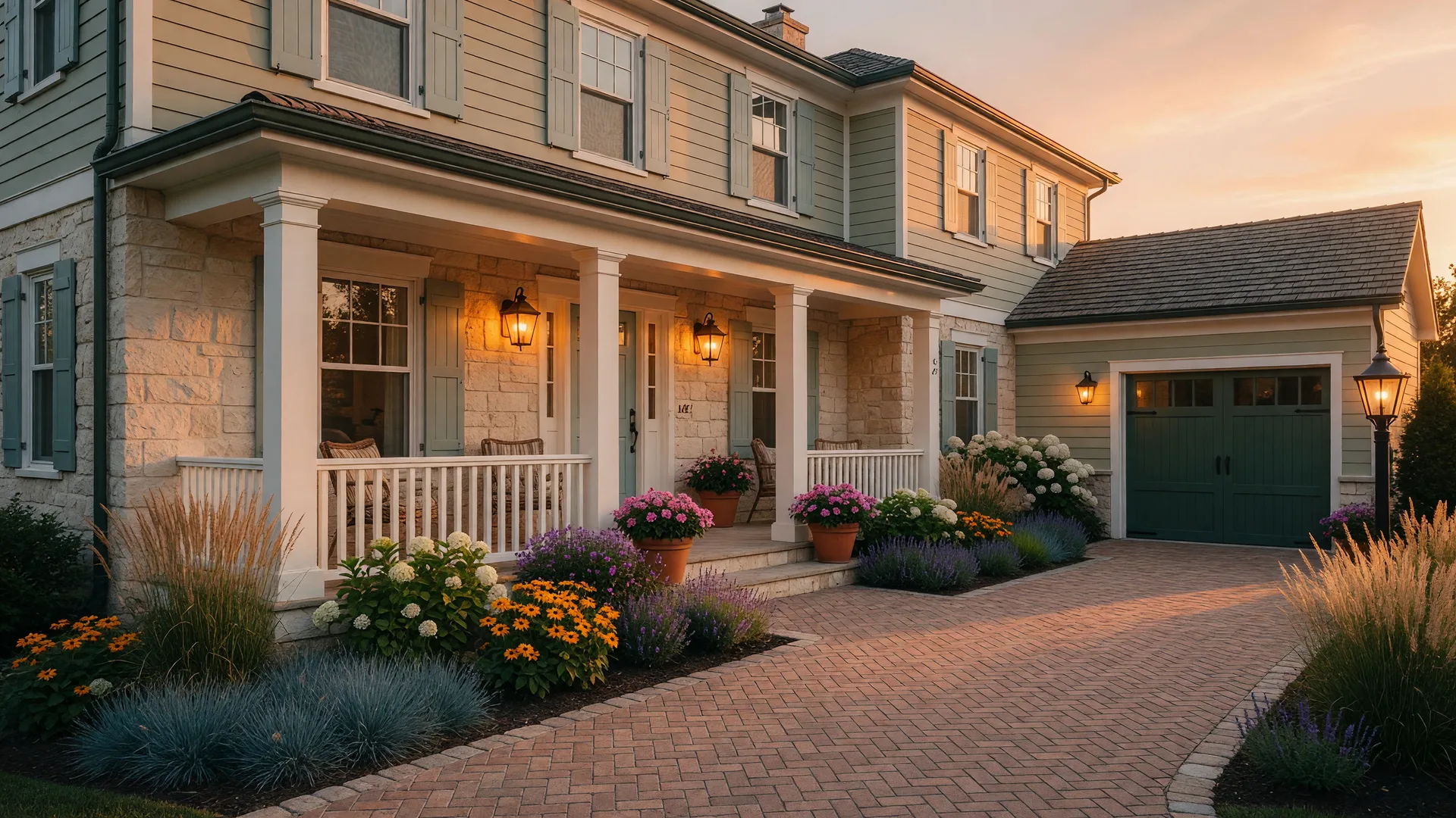 Charming villa-style home at golden hour with welcoming front porch and manicured landscaping