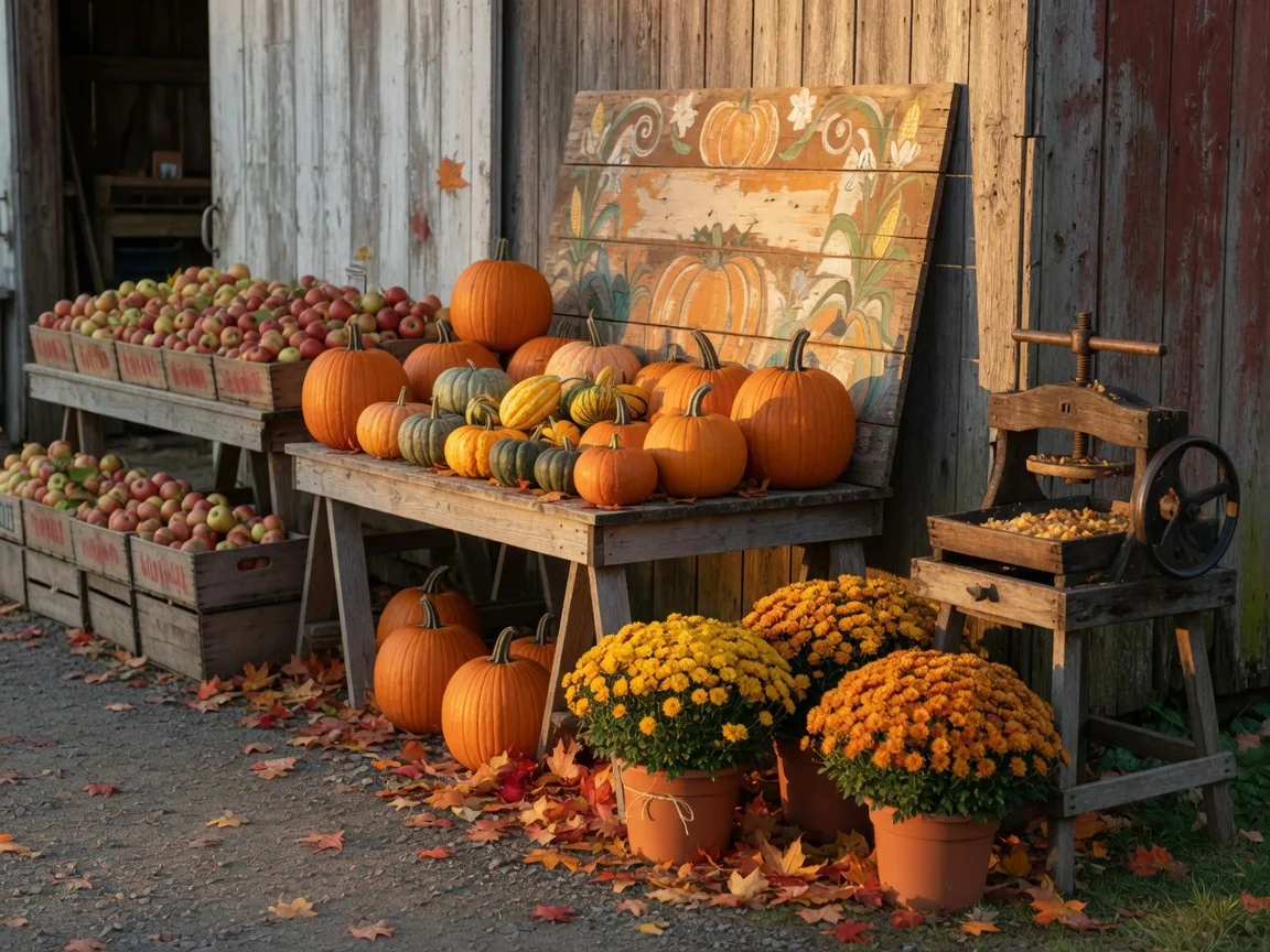 A rustic Michigan farm market stand in October with stacked pumpkins, crates of apples, golden mums and a cider press in late-afternoon light