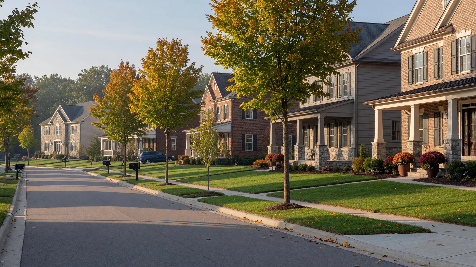 Tree-lined residential street in Avon, Ohio with upscale colonial and craftsman homes, autumn mums on manicured lawns, and maples showing early fall color in warm September light