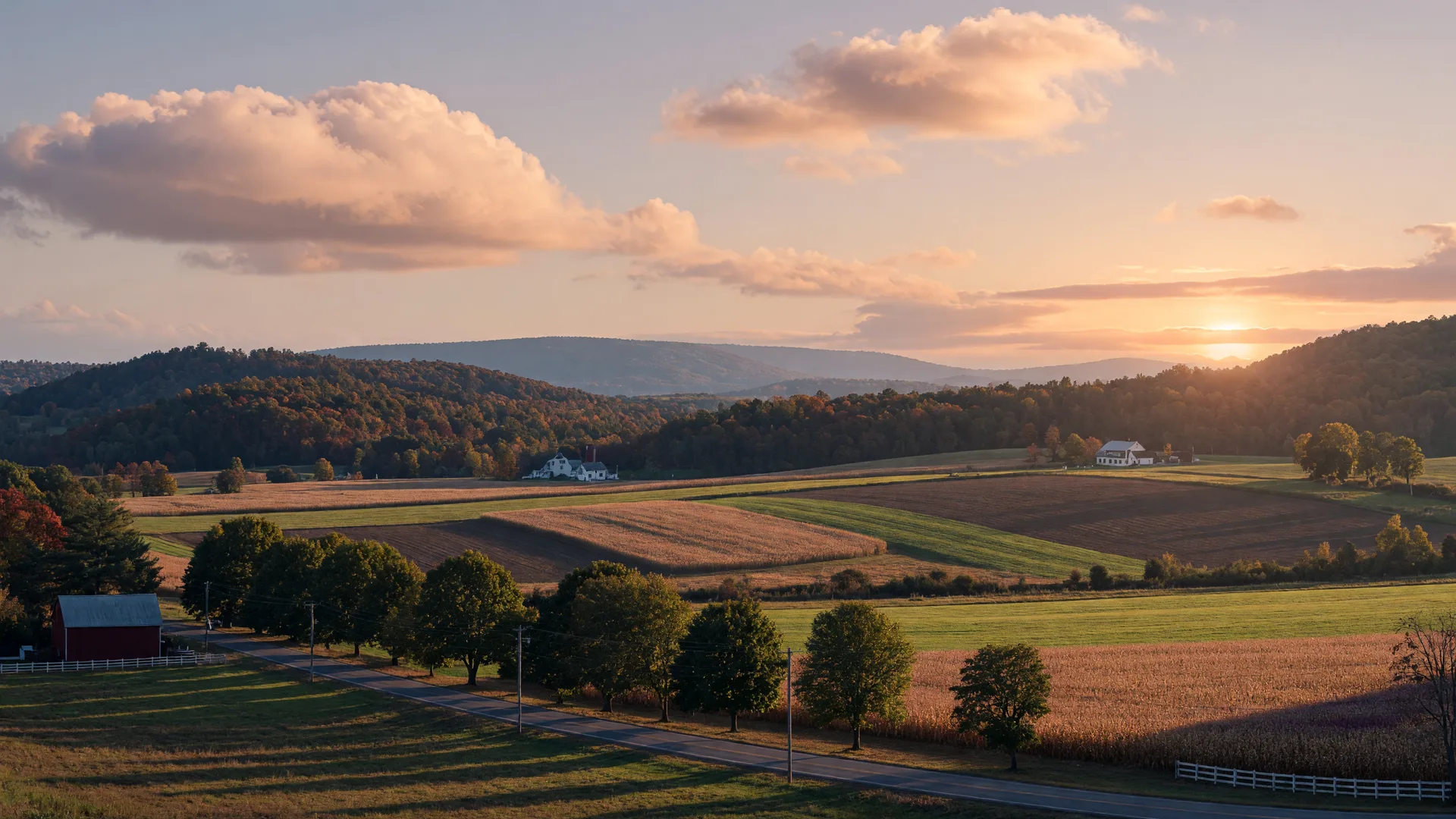Golden hour view over the farmland and ridgelines of the Lehigh Valley in eastern Pennsylvania