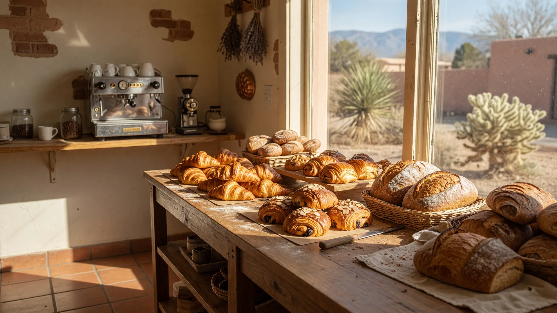 Sunlit interior of The Burque Bakehouse in Albuquerque with golden croissants, laminated pastries, and rustic sourdough loaves on a wooden counter