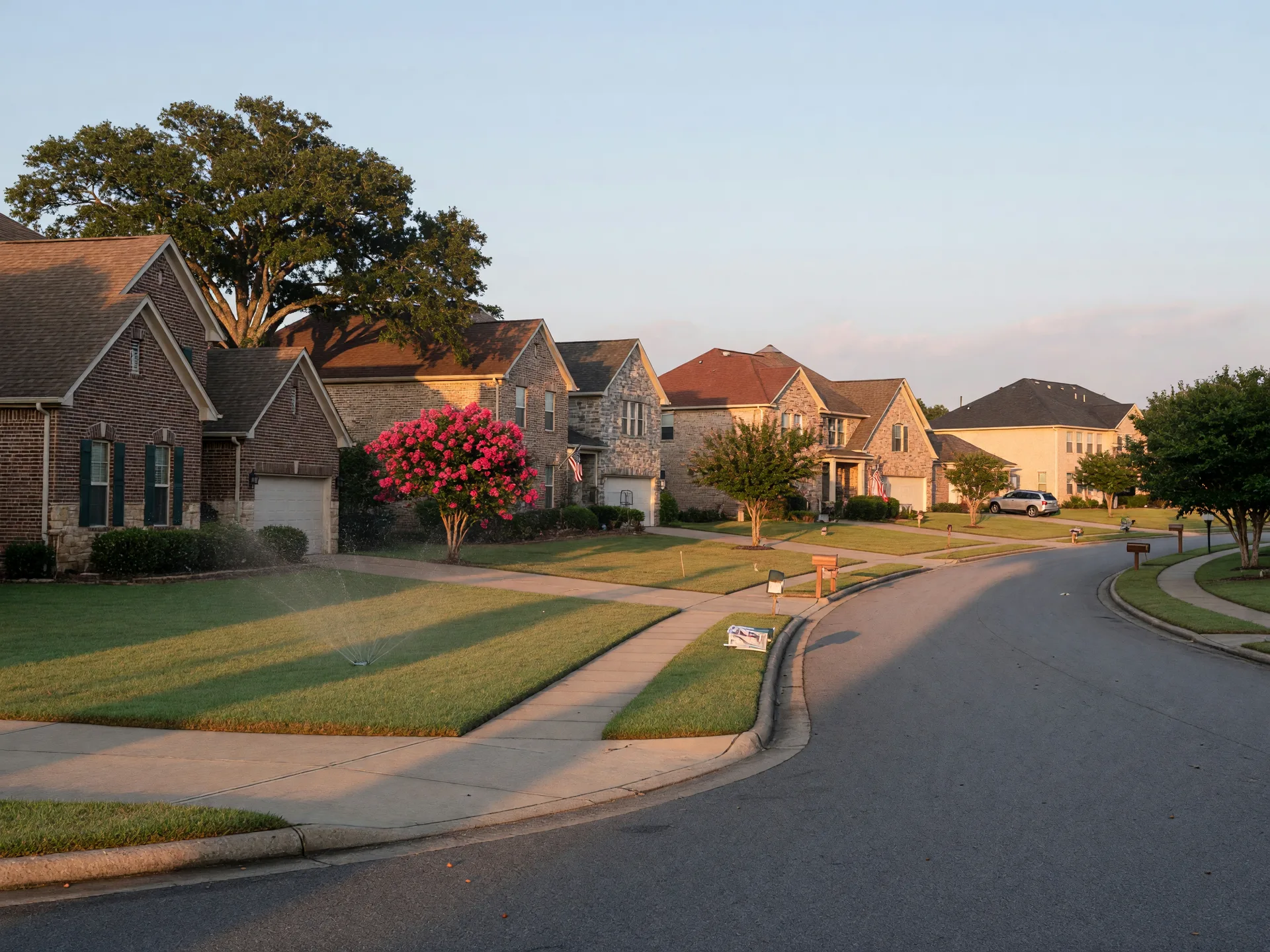 Established brick and stone single-family homes on a tree-lined suburban street in the Selma, Texas area