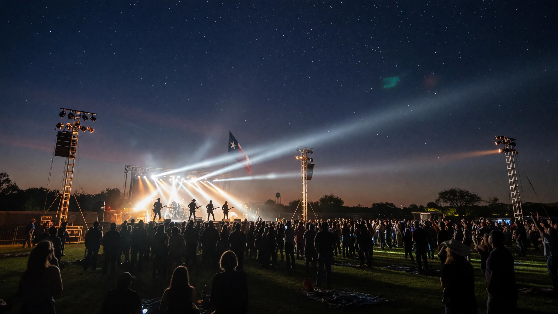A country-rock band on a raised outdoor stage at night under cool white and warm amber beams over a distant crowd