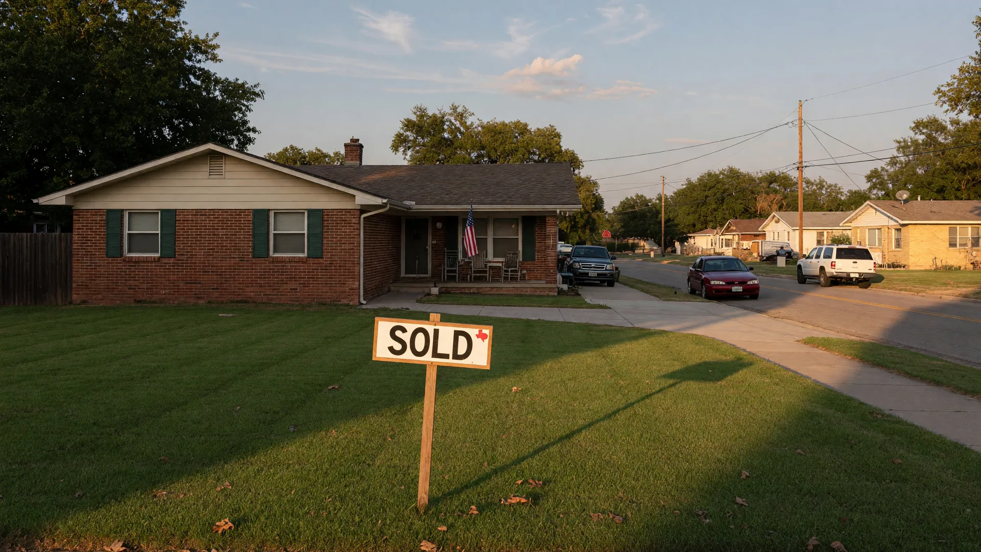 Newly sold Texas home with a SOLD sign in the front yard on a quiet Washington County street at golden hour