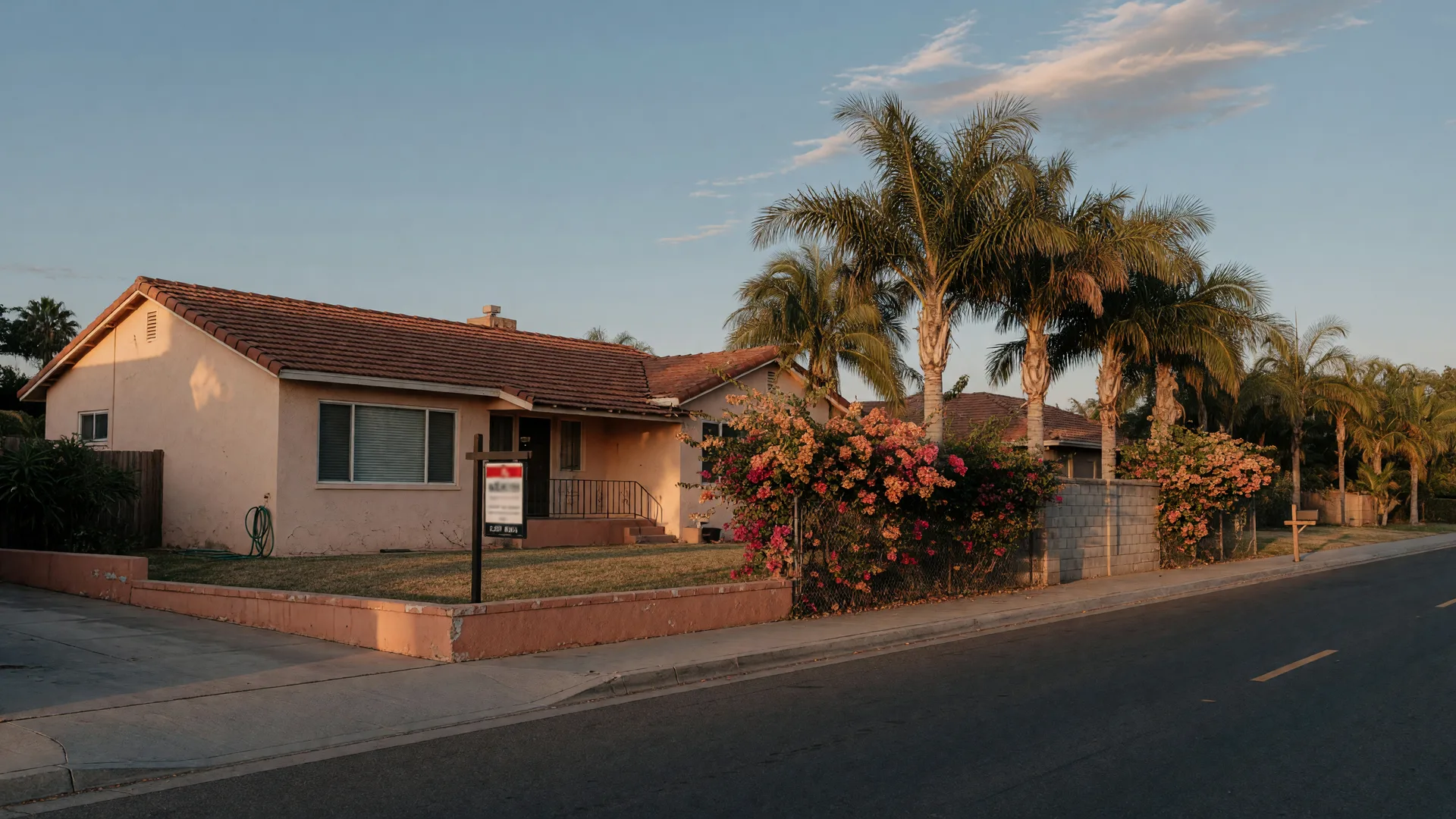 A quiet San Diego County suburban street in late-afternoon light, a modest ranch-style single-family home with a real estate sign in the front yard, palm trees and bougainvillea lining the sidewalk