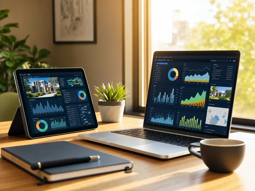 Modern workspace with a tablet and laptop showing real estate data analytics and AI charts, warm afternoon light