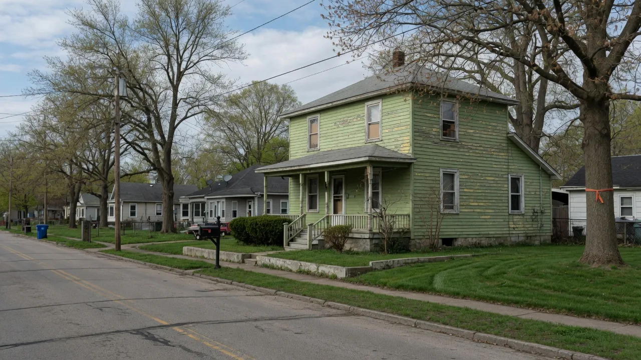 A modest older home in Northeast Ohio in need of work, seen from the street on a clear day