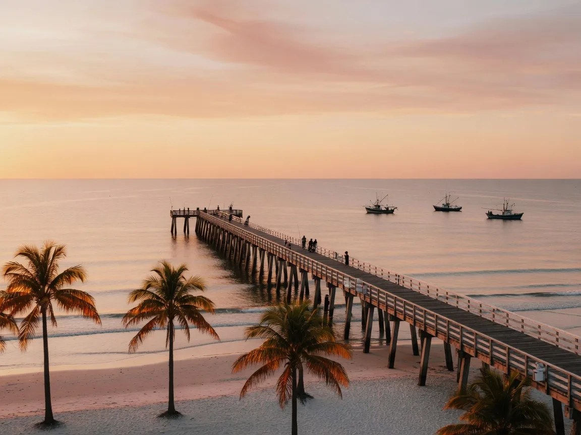 The historic wooden Naples Pier stretching into the calm Gulf of Mexico at sunset, with palm trees along the beach and distant fishing boats