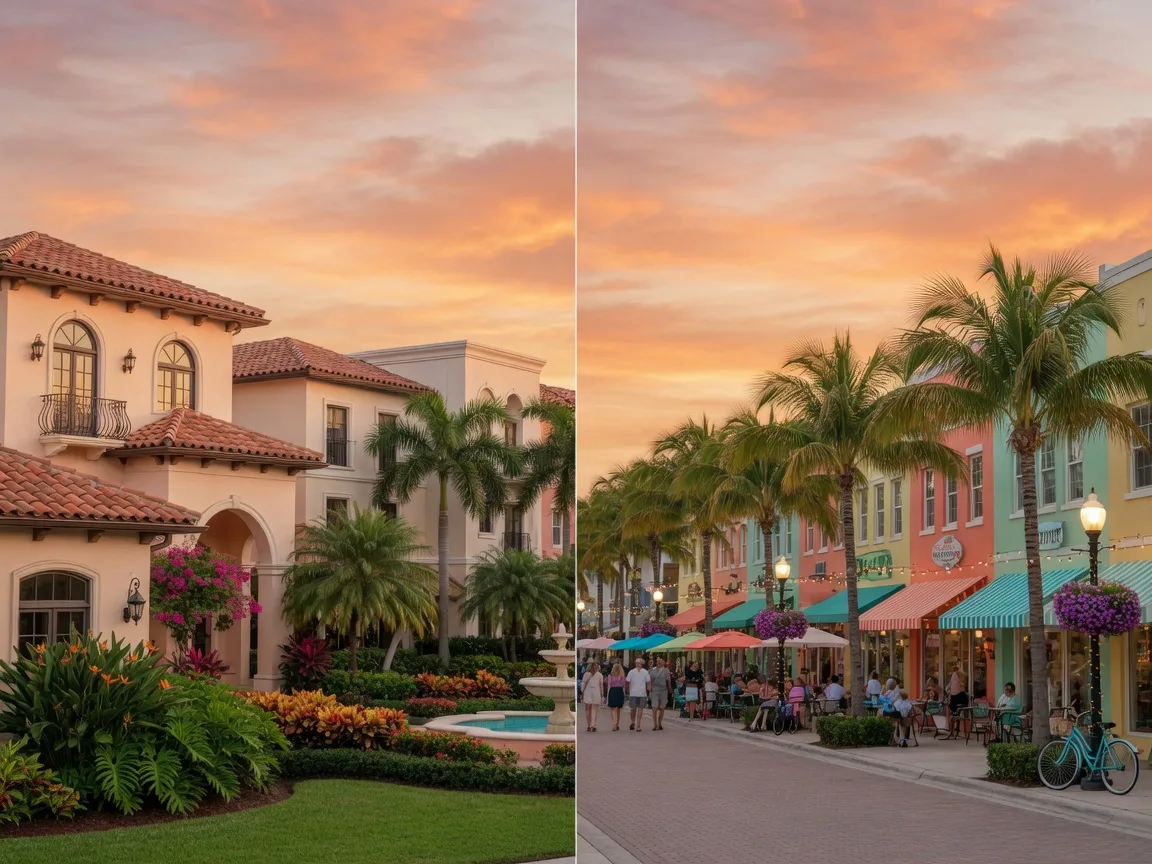 Boca Raton and Delray Beach cityscapes compared side by side at sunset