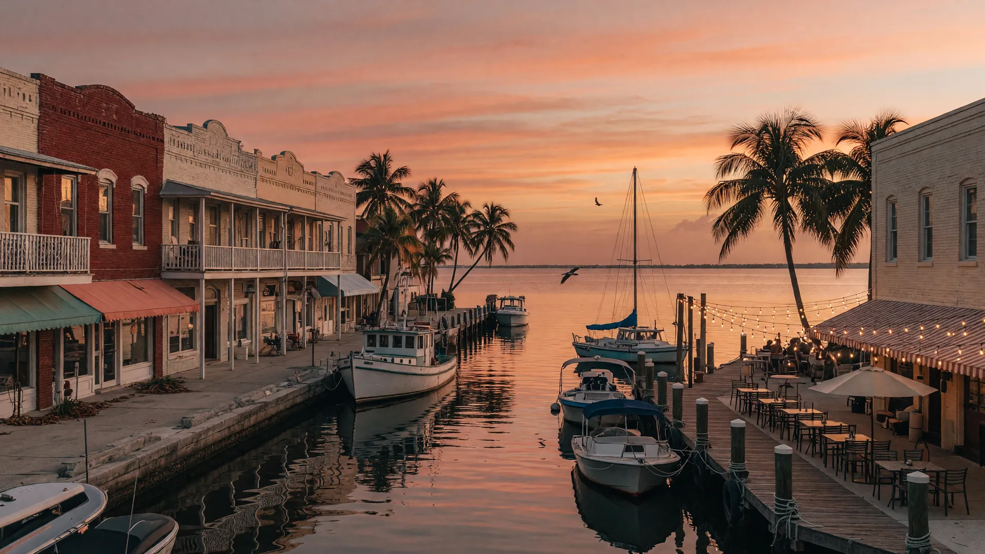 The historic Fort Pierce waterfront at sunset, with boats at the marina and string lights along the old downtown