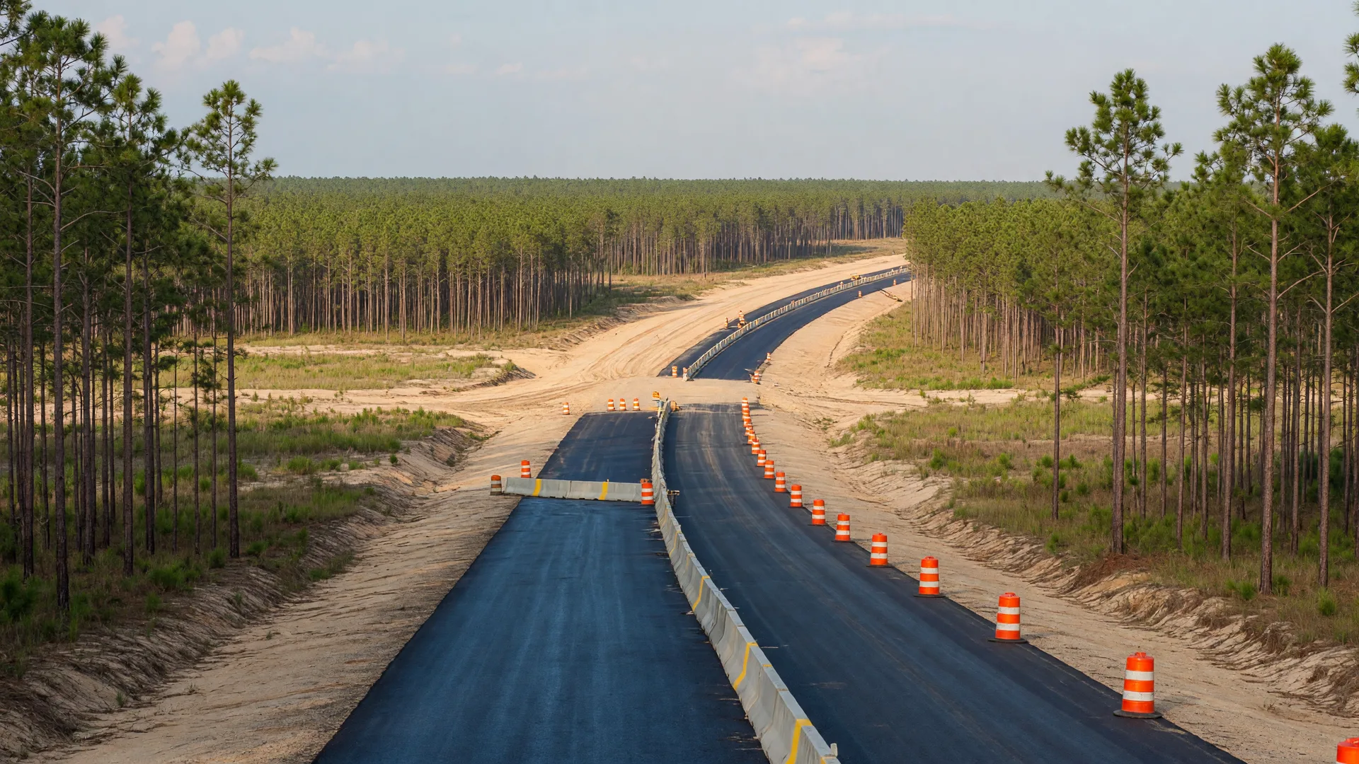 A two-lane North Carolina highway widening project winding through longleaf pines, with construction cones and a forming raised median