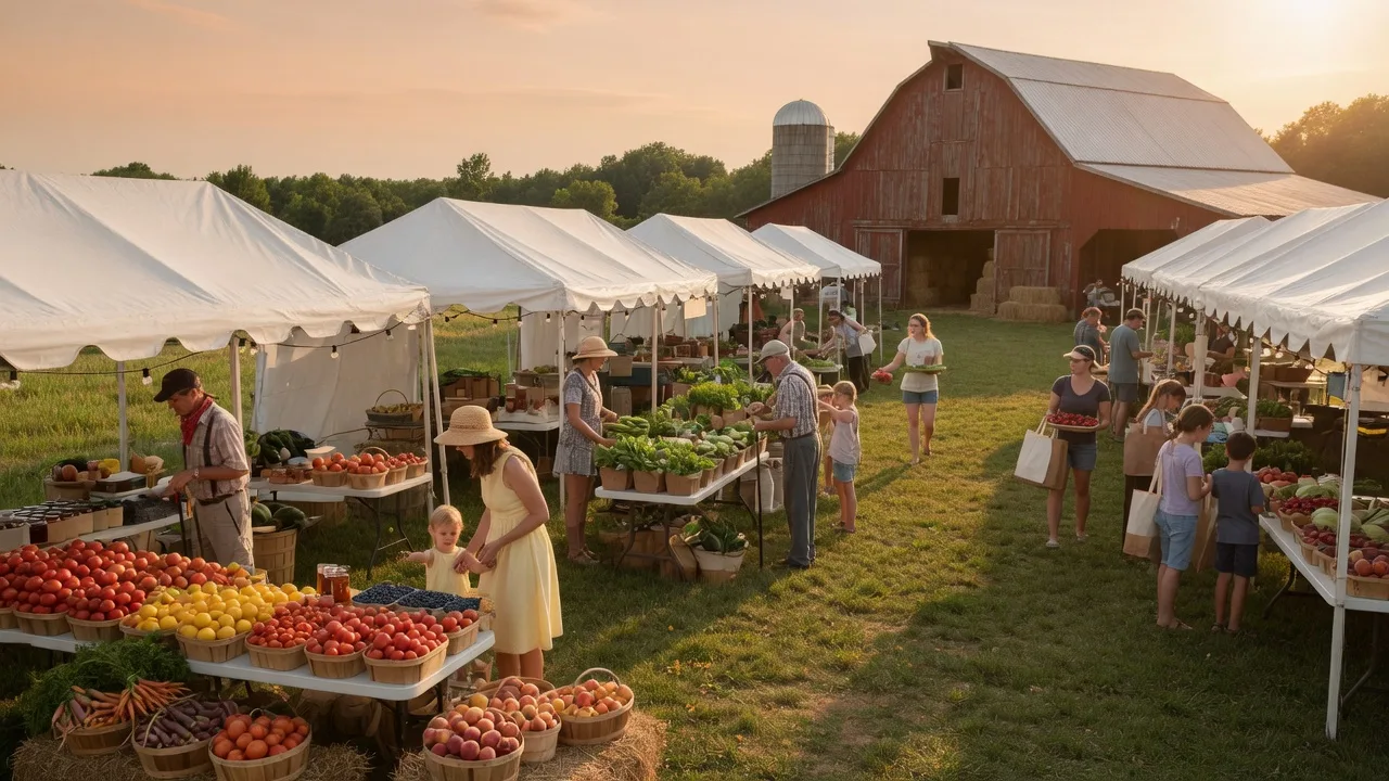 Sunny summer community festival with vendor tents, families, and lush green trees under a bright blue sky