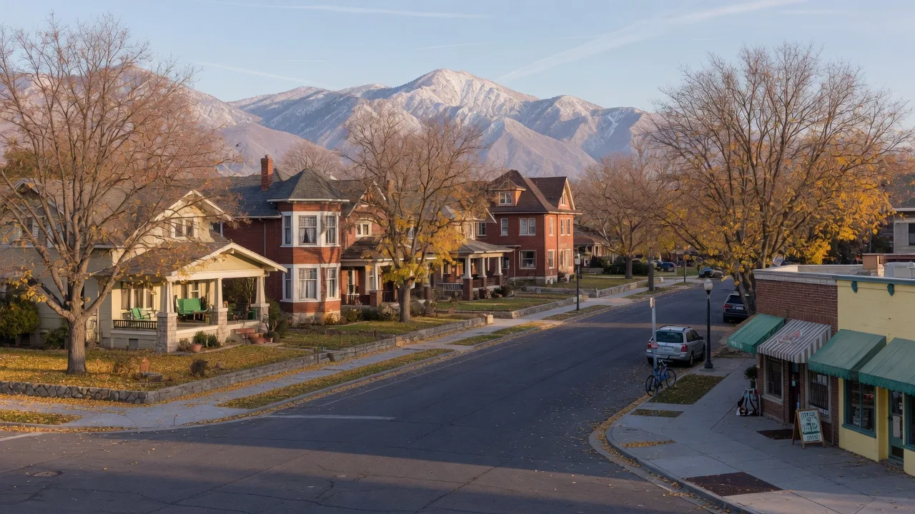 A tree-lined Sugar House street with brick bungalows, autumn leaves, and the Wasatch mountains beyond