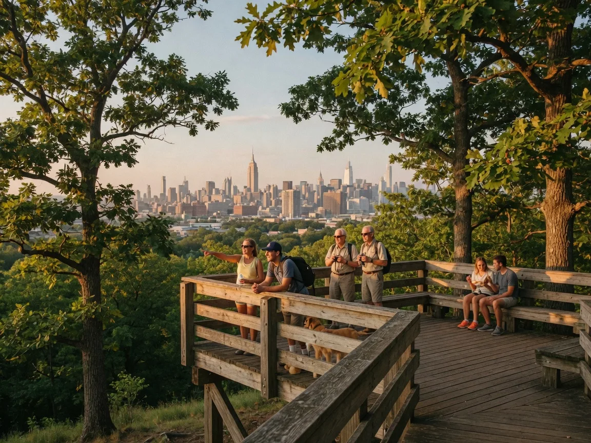 Eagle Rock Reservation observation deck in West Orange NJ with Manhattan skyline visible through oak trees on a clear summer afternoon