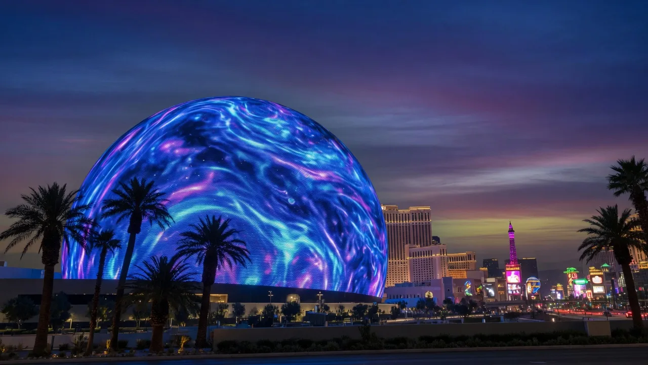 The Sphere at The Venetian Resort in Las Vegas glowing with colorful LED displays at night