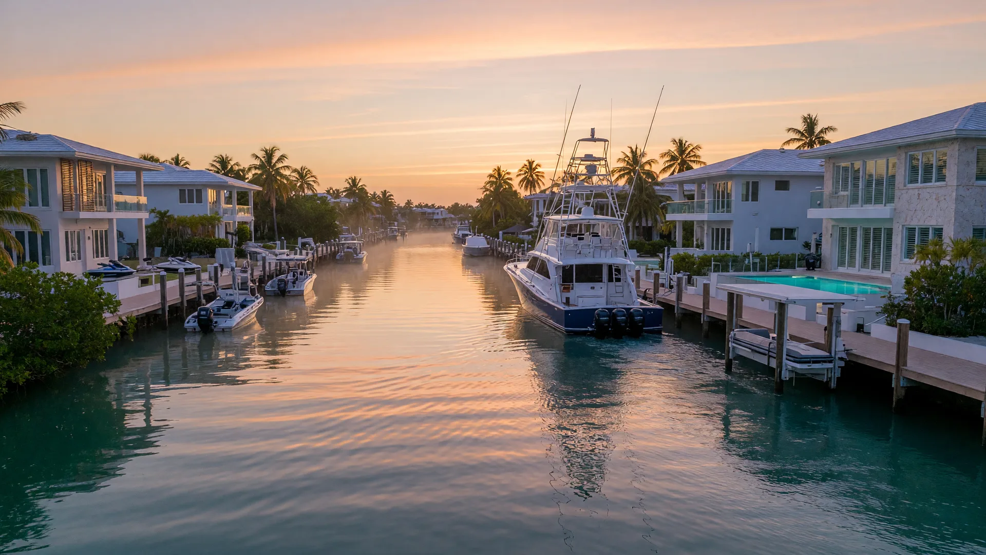Deep-water canal in the Florida Keys at sunrise viewed from a low angle with luxury waterfront homes lining both sides, a sportfishing yacht backing out of a private dock, glassy turquoise water with golden light reflections and mist rising off the canal