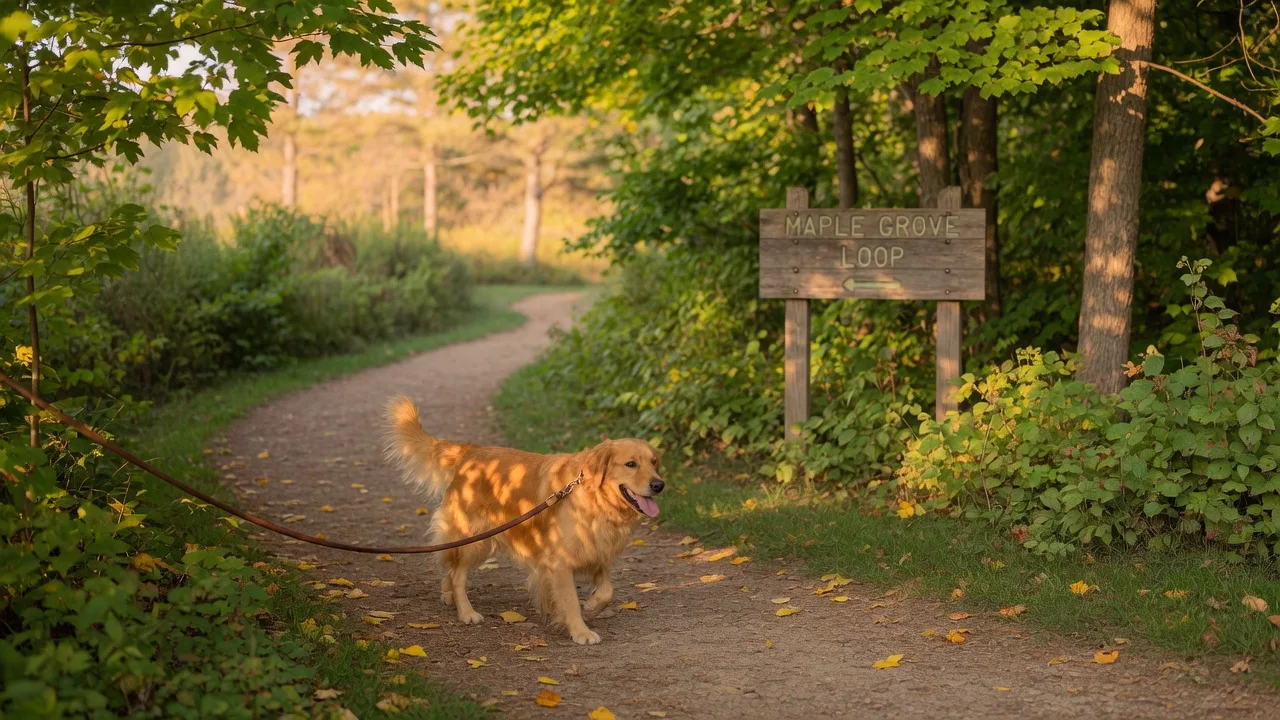 A golden retriever walking on a leash along a sun-dappled wooded trail in Lake County, Indiana