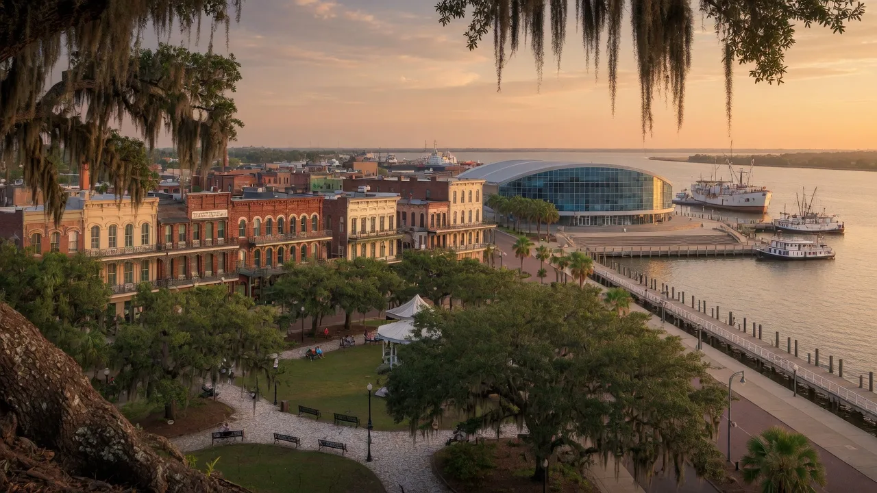 Mobile's Bienville Square with historic live oaks draped in Spanish moss, the Gulf Coast waterfront, and historic Southern architecture