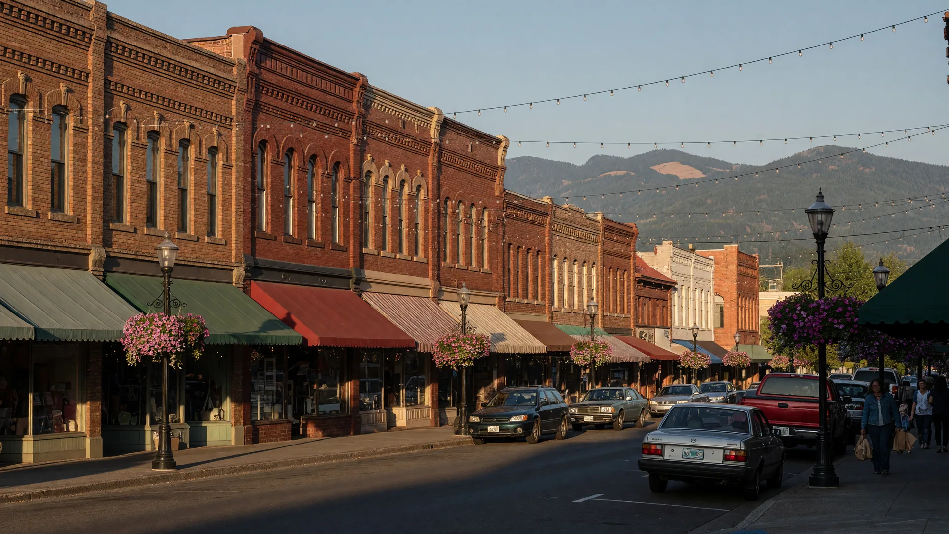 Historic Third Street downtown McMinnville Oregon with brick storefronts, awnings, and string lights near McMinnville homes for sale