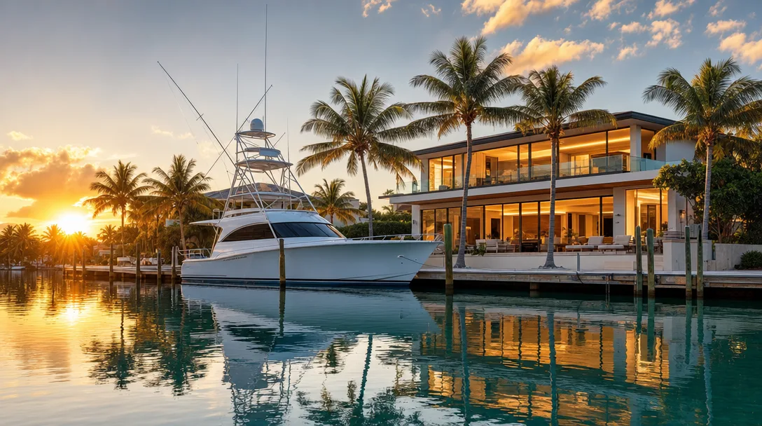 Luxury deep-water canal estate in Key Largo at sunrise with a sportfishing yacht at a private dock, contemporary waterfront home with floor-to-ceiling glass, silhouetted coconut palms, and turquoise water with glassy reflections