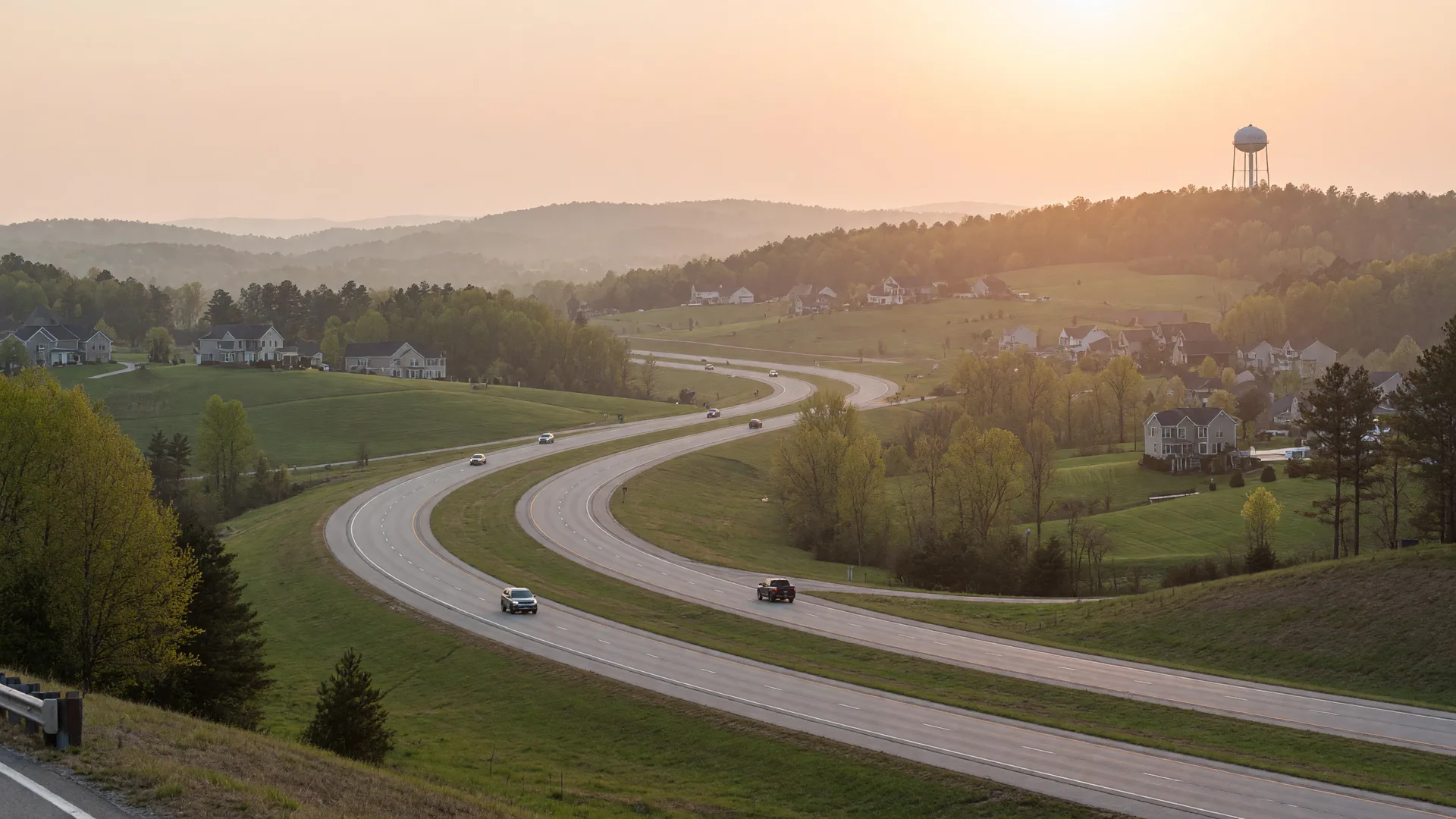 Rolling hills and the I-77 corridor near Fort Mill, South Carolina at golden hour