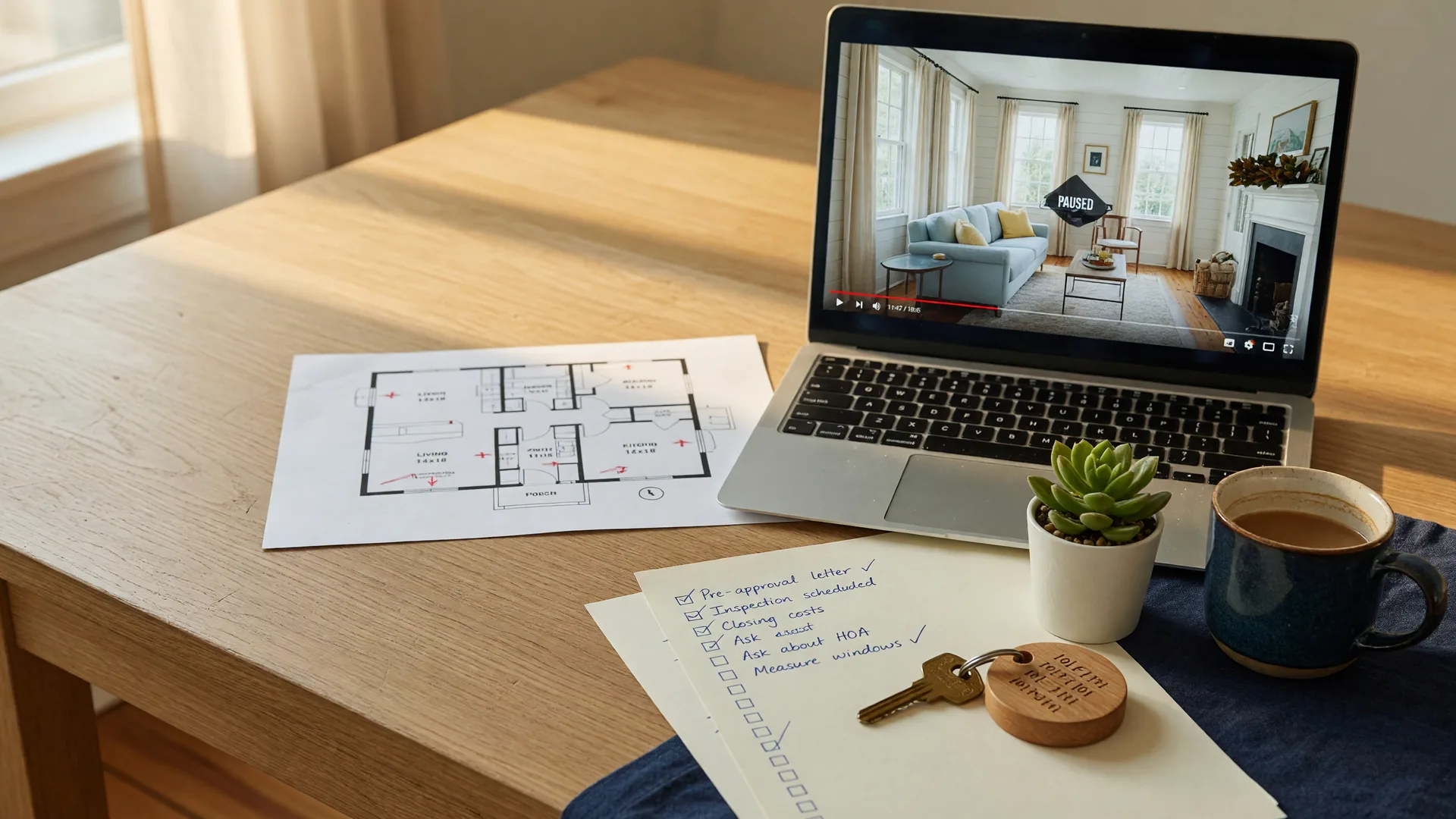 A laptop showing a live video tour of a Southern-style living room beside a floor plan, house key, and checklist, ready for a remote home purchase in Aiken SC