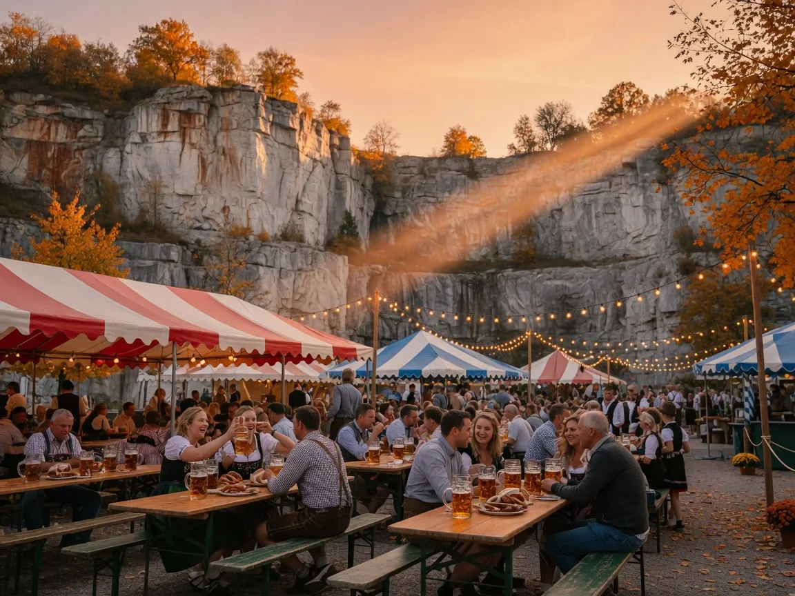 An Oktoberfest beer garden with tents, wooden tables, and string lights set against dramatic quarry cliffs at golden hour