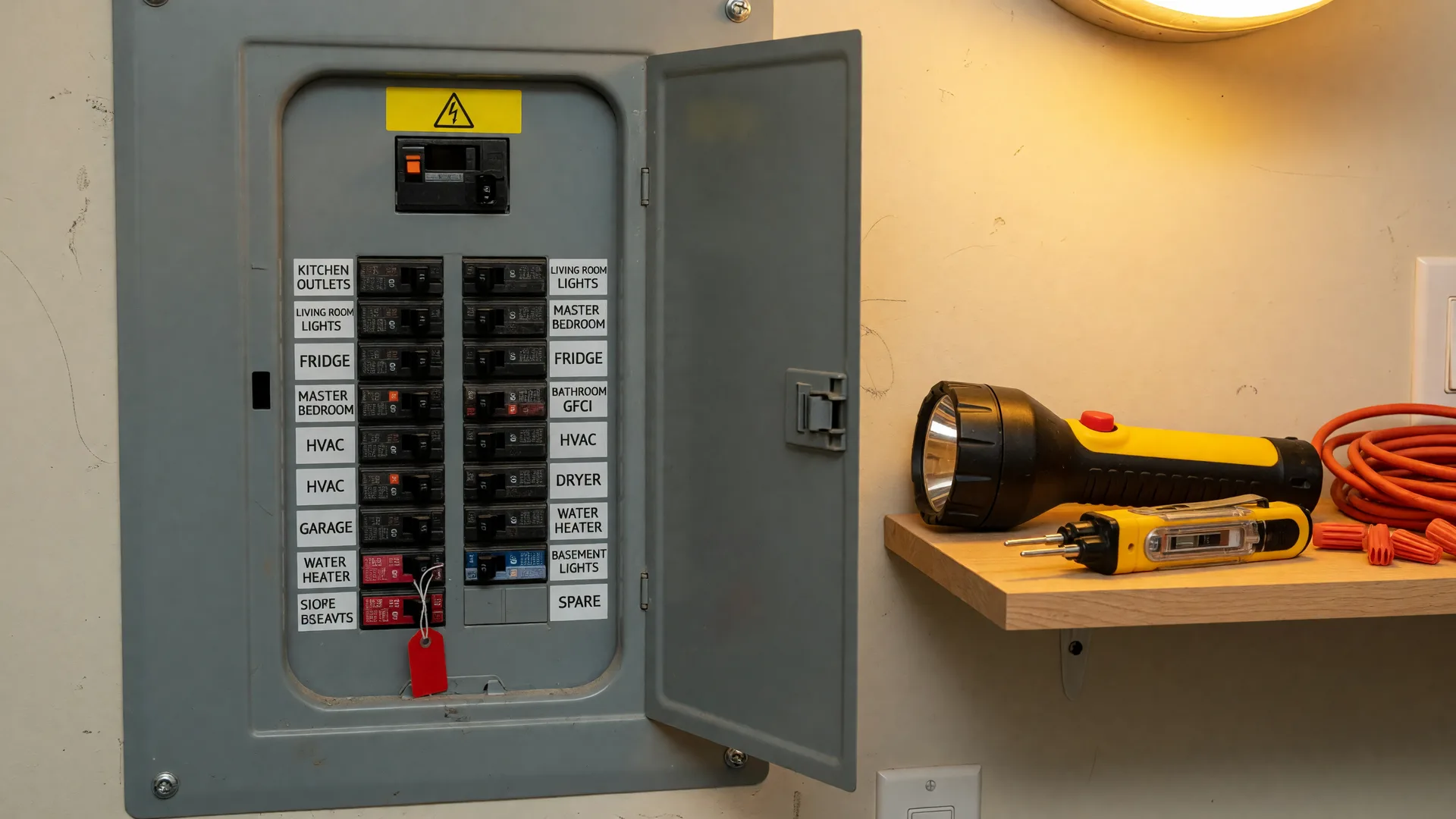 An open electrical breaker panel with labeled circuit breakers, a flashlight and voltage tester on a nearby shelf in warm home lighting
