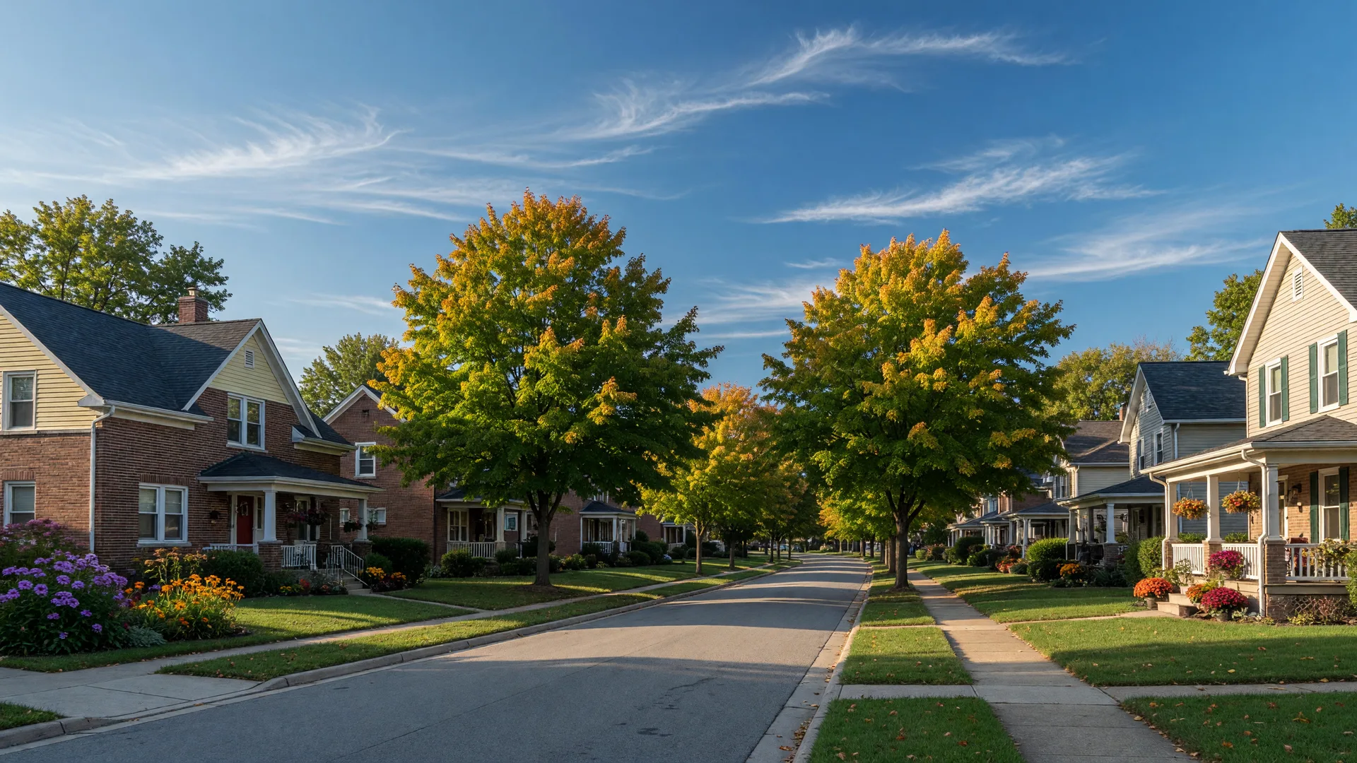 Early-autumn residential street in Northwest Indiana with mature maples turning gold and well-maintained homes under a warm September sun