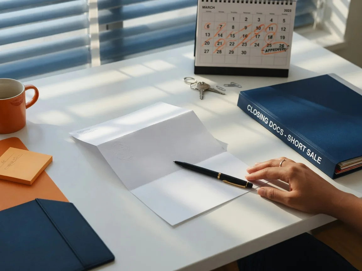 An approval letter beneath a pen beside a closing folder and a calendar on a desk.
