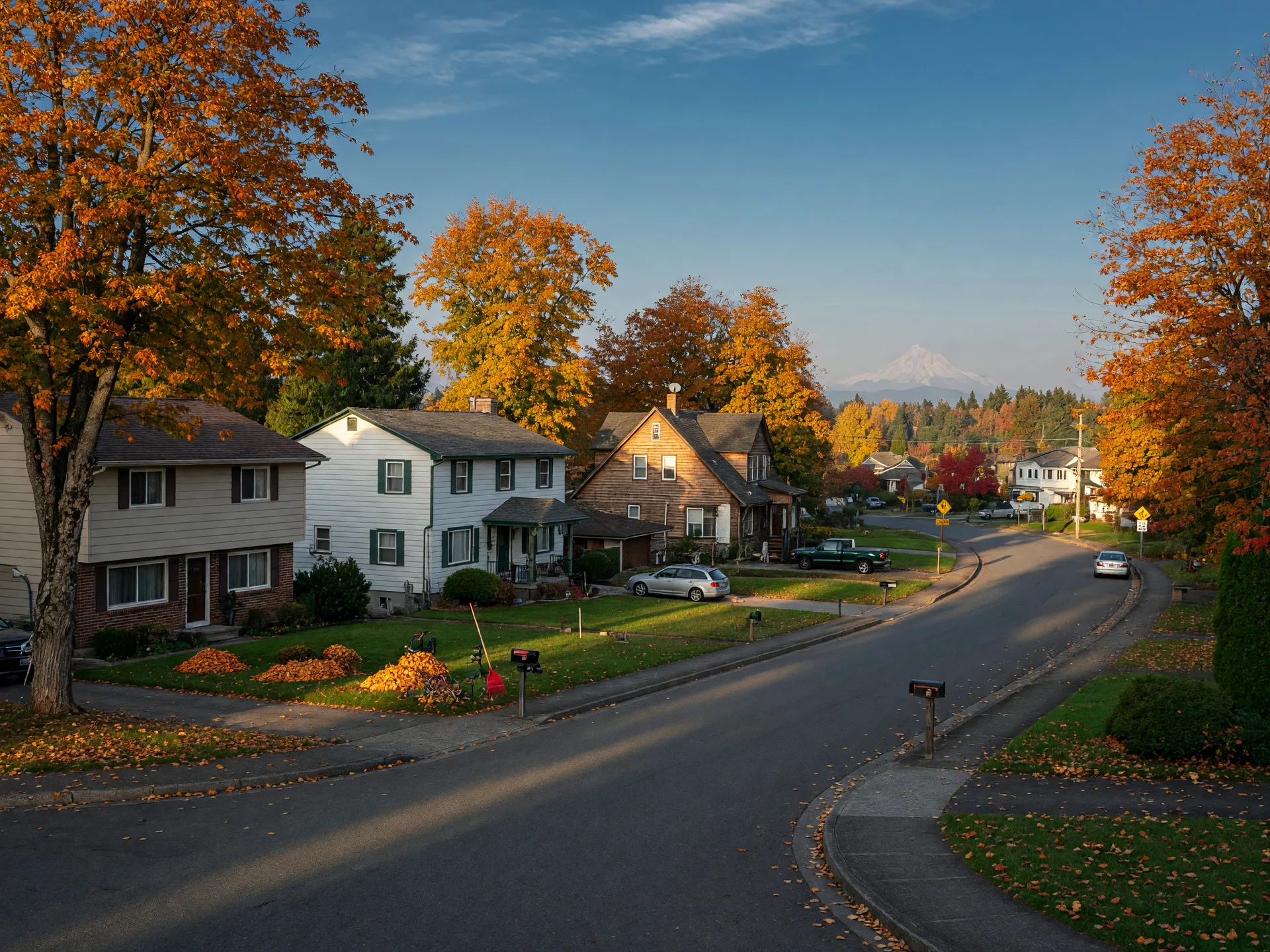Established Pacific Northwest neighborhood on a clear autumn afternoon with split-level and two-story homes, mature trees, and golden light