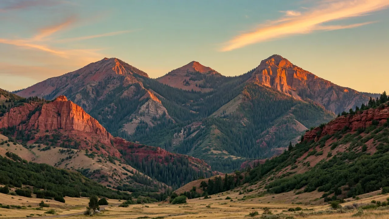 Wasatch Mountain Range in Utah at golden hour, with red rock and pine-covered peaks under warm amber light.