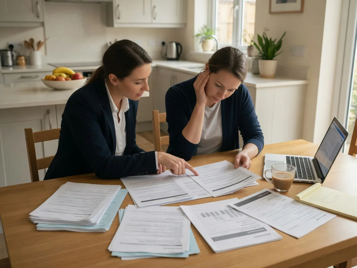 Listing agent and homeowner reviewing mortgage paperwork together before the property is listed.
