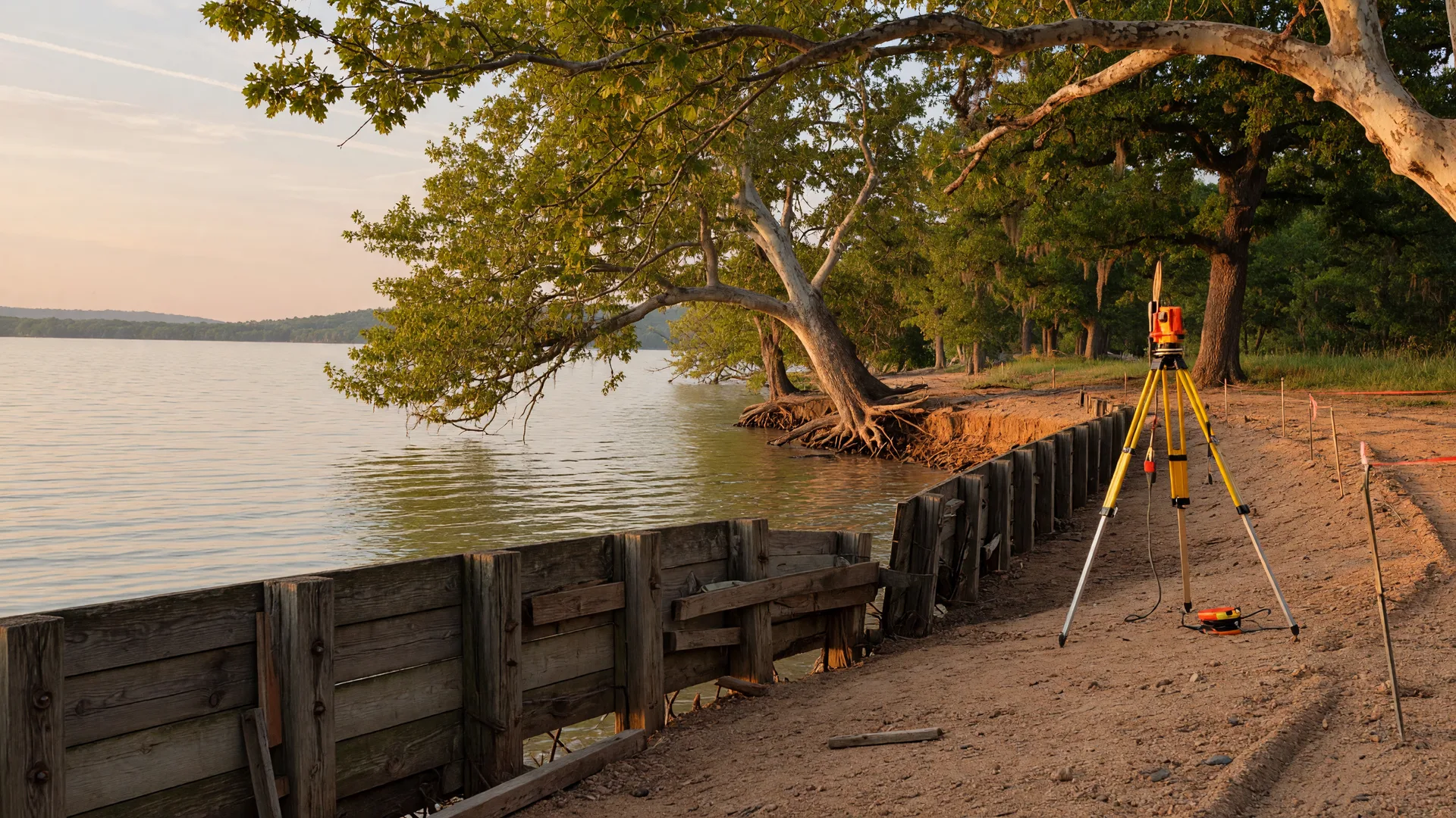 Waterfront property inspection on Lake Hudson with survey equipment